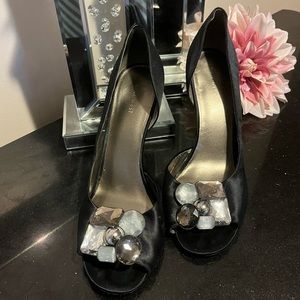 Beautiful Nine West black satin open toe shoes with stones. Formal or Wedding